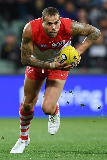Lance Franklin of the Swans during the round 15 AFL match between the Port Adelaide Power and the Sydney Swans at Adelaide Oval on June 26, 2021 in...