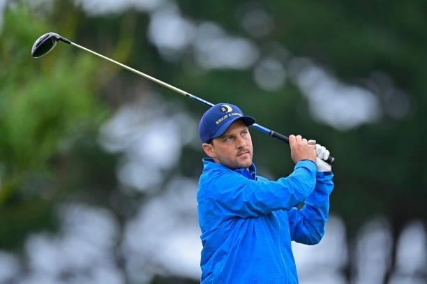 Lukas Nemecz of Austria plays his first shot on the 1st hole during Day Three of the Open de Bretagne at Golf Bluegreen de Pleneuf Val Andre on June...