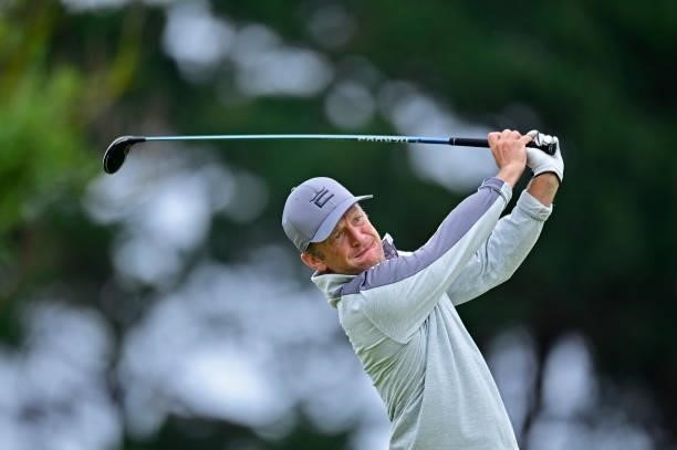 Pelle Edberg of Sweeden plays his first shot on the 1st hole during Day Three of the Open de Bretagne at Golf Bluegreen de Pleneuf Val Andre on June...