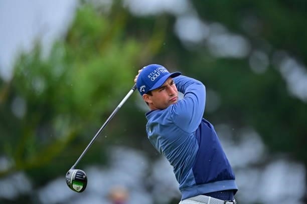 Frederic Lacroix of France plays his first shot on the 1st hole during Day Three of the Open de Bretagne at Golf Bluegreen de Pleneuf Val Andre on...