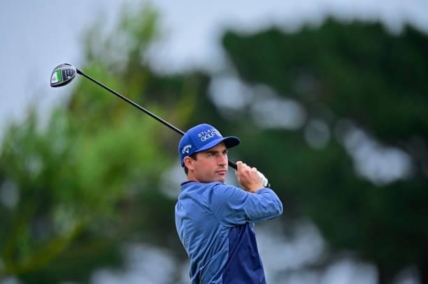 Frederic Lacroix of France plays his first shot on the 1st hole during Day Three of the Open de Bretagne at Golf Bluegreen de Pleneuf Val Andre on...