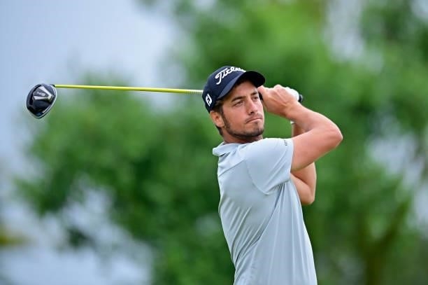 Federico Maccario of Italy plays his first shot on the 1st hole during Day Three of the Open de Bretagne at Golf Bluegreen de Pleneuf Val Andre on...
