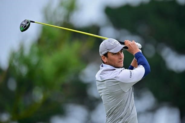 Sebastien Gandon of France plays his first shot on the 1st hole during Day Three of the Open de Bretagne at Golf Bluegreen de Pleneuf Val Andre on...