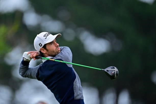 Victor Riu of France plays his first shot on the 1st hole during Day Three of the Open de Bretagne at Golf Bluegreen de Pleneuf Val Andre on June 26,...