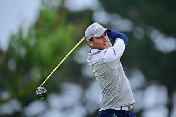 Sebastien Gandon of France plays his first shot on the 1st hole during Day Three of the Open de Bretagne at Golf Bluegreen de Pleneuf Val Andre on...