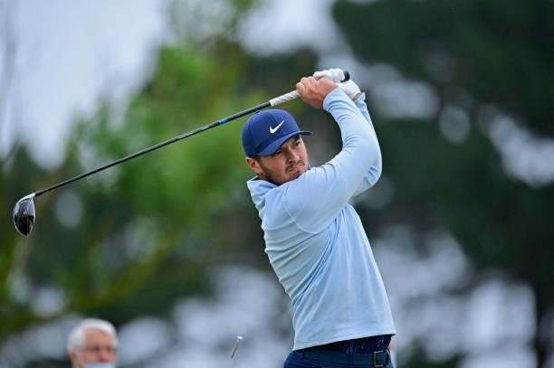 Pierre Pineau of France plays his first shot on the 1st hole during Day Three of the Open de Bretagne at Golf Bluegreen de Pleneuf Val Andre on June...