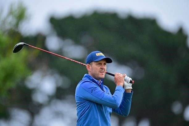 Stuart Manley of Wales plays his first shot on the 1st hole during Day Three of the Open de Bretagne at Golf Bluegreen de Pleneuf Val Andre on June...