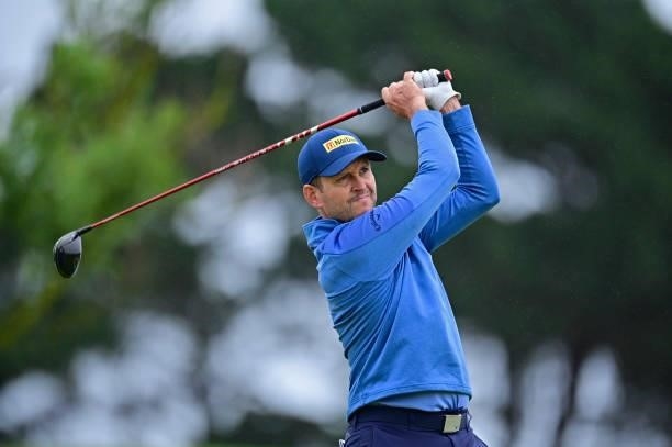 Stuart Manley of Wales plays his first shot on the 1st hole during Day Three of the Open de Bretagne at Golf Bluegreen de Pleneuf Val Andre on June...