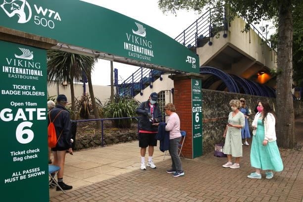 Spectators make their way into the venue on finals day during day 8 of the Viking International Eastbourne at Devonshire Park on June 26, 2021 in...