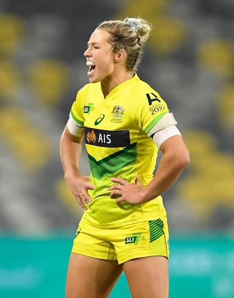Emma Tonegato of Australia looks on during the Oceania Sevens Challenge match between Australia and Fiji at Queensland Country Bank Stadium on June...