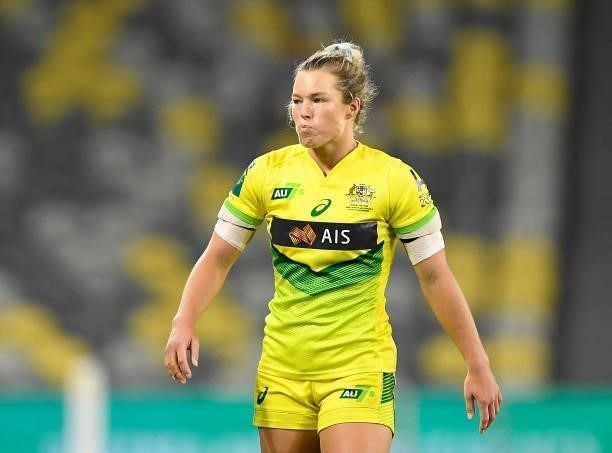 Emma Tonegato of Australia looks on during the Oceania Sevens Challenge match between Australia and Fiji at Queensland Country Bank Stadium on June...