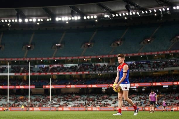 Bayley Fritsch of the Demons lines up for goal during the round 15 AFL match between the Essendon Bombers and the Melbourne Demons at Melbourne...
