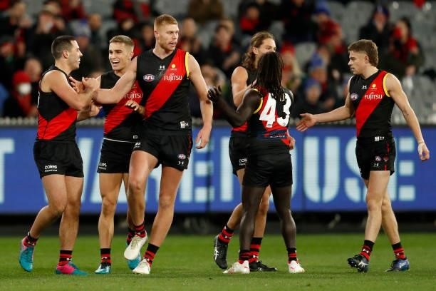 Peter Wright of the Bombers celebrates a goal during the round 15 AFL match between the Essendon Bombers and the Melbourne Demons at Melbourne...