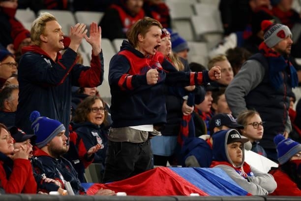 Demons fans show their support during the round 15 AFL match between the Essendon Bombers and the Melbourne Demons at Melbourne Cricket Ground on...