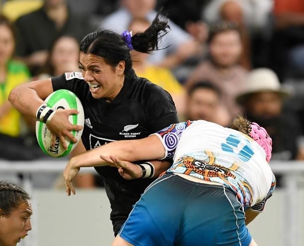 Stacey Waaka of New Zealand is tackled by Piper Duck of Oceania during the Oceania Sevens Challenge match between New Zealand and Oceania at...
