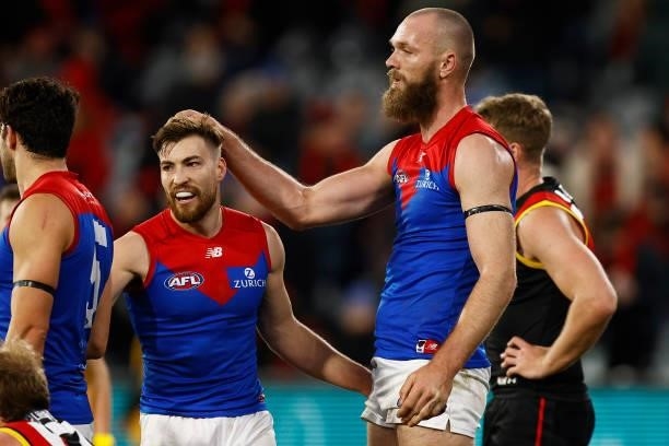 Max Gawn of the Demons celebrates with Jack Viney of the Demons after winning the round 15 AFL match between the Essendon Bombers and the Melbourne...