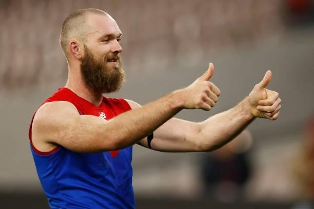 Max Gawn of the Demons gestures to fans after the round 15 AFL match between the Essendon Bombers and the Melbourne Demons at Melbourne Cricket...