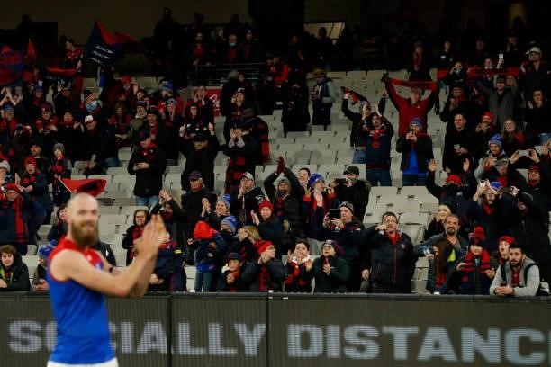 Max Gawn of the Demons acknowledges the fans after the round 15 AFL match between the Essendon Bombers and the Melbourne Demons at Melbourne Cricket...