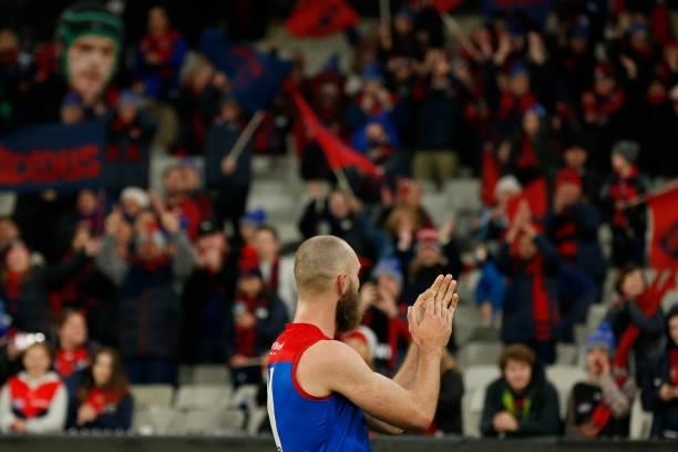 Max Gawn of the Demons acknowledges the fans after the round 15 AFL match between the Essendon Bombers and the Melbourne Demons at Melbourne Cricket...