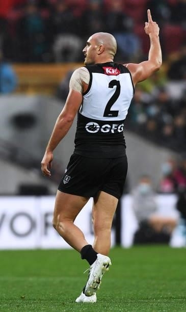 Sam Powell-Pepper of Port Adelaide celebrates a goal during the round 15 AFL match between the Port Adelaide Power and the Sydney Swans at Adelaide...