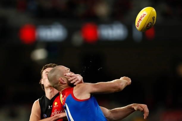 Nikolas Cox of the Bombers and Max Gawn of the Demons compete in ruck during the round 15 AFL match between the Essendon Bombers and the Melbourne...
