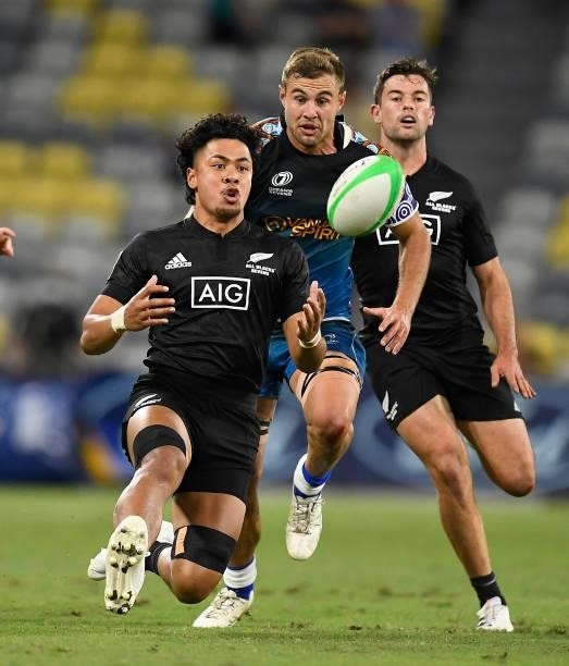 Kitiona Vai of New Zealand regathers the ball during the Oceania Sevens Challenge match between New Zealand and Oceania at Queensland Country Bank...