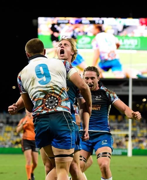 Nathan Lawson of Oceania celebrates after scoring a try during the Oceania Sevens Challenge match between New Zealand and Oceania at Queensland...