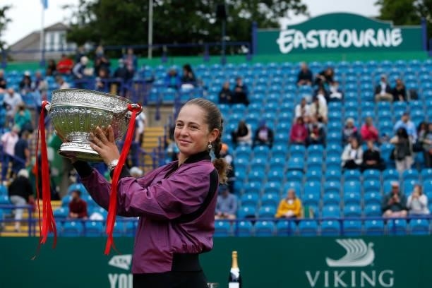 Jelena Ostapenko of Latvia poses for a photo with the trophy after winning the women's singles final against Anett Kontaveit of Estonia during day 8...