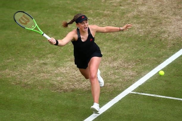 Jelena Ostapenko of Latvia in action during her women's singles final match against Anett Kontaveit of Estonia during day 8 of the Viking...