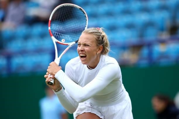 Anett Kontaveit of Estonia in action during her women's singles final match against Jelena Ostapenko of Latvia during day 8 of the Viking...