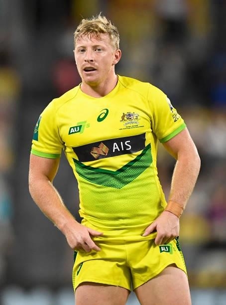 Lachlan Miller of Australia looks on during the Oceania Sevens Challenge match between Fiji and Australia at Queensland Country Bank Stadium on June...