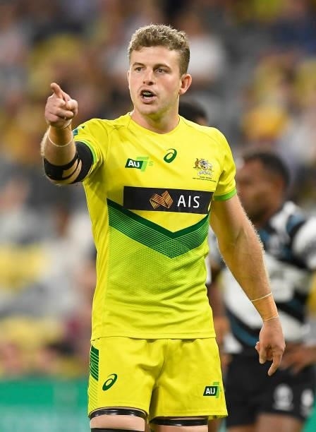 Nick Malouf of Australia gestures during the Oceania Sevens Challenge match between Fiji and Australia at Queensland Country Bank Stadium on June 26,...