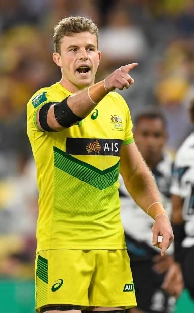 Nick Malouf of Australia gestures during the Oceania Sevens Challenge match between Fiji and Australia at Queensland Country Bank Stadium on June 26,...