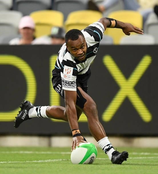 Alosio Naduva of Fiji scores a try during the Oceania Sevens Challenge match between Fiji and Australia at Queensland Country Bank Stadium on June...