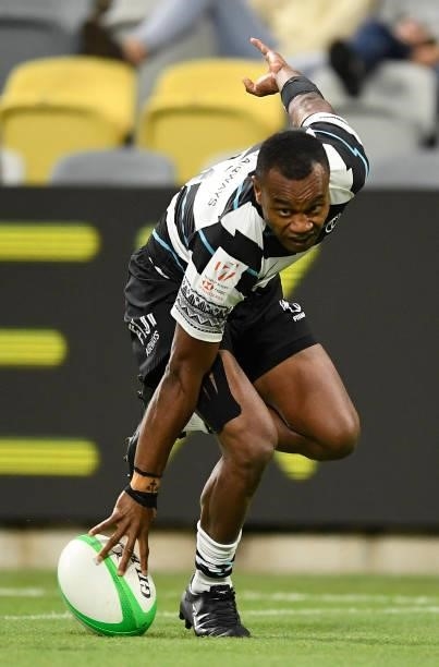 Alosio Naduva of Fiji scores a try during the Oceania Sevens Challenge match between Fiji and Australia at Queensland Country Bank Stadium on June...
