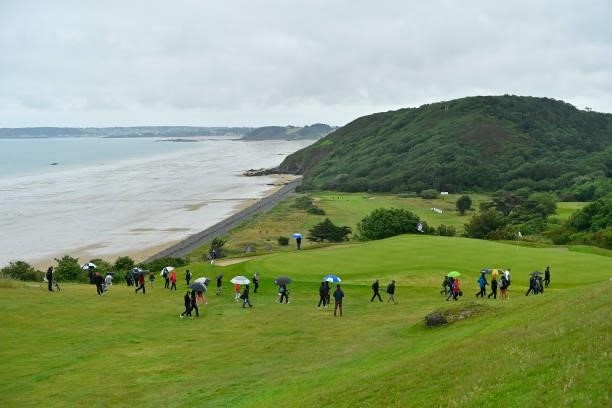 View of spectators with umbrellas at the green of the 10th hole during Day Three of the Open de Bretagne at Golf Bluegreen de Pleneuf Val Andre on...