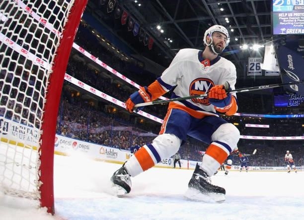 Adam Pelech of the New York Islanders skates against the Tampa Bay Lightning in Game Seven of the NHL Stanley Cup Semifinals during the 2021 Stanley...