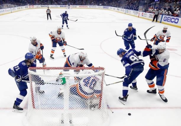 The New York Islanders defend against the Tampa Bay Lightning in Game Seven of the NHL Stanley Cup Semifinals during the 2021 Stanley Cup Playoffs at...