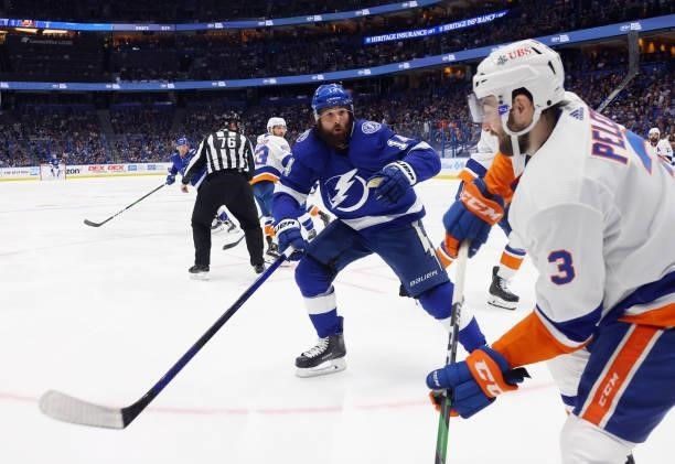 Pat Maroon of the Tampa Bay Lightning skates against the New York Islanders in Game Seven of the NHL Stanley Cup Semifinals during the 2021 Stanley...