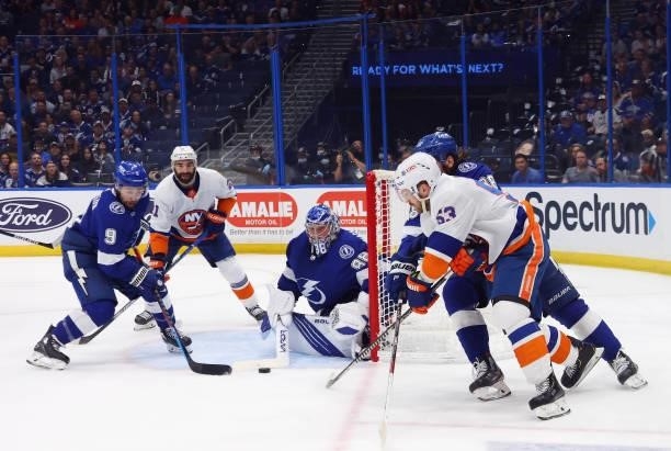 The Tampa Bay Lightning defend against the New York Islanders in Game Seven of the NHL Stanley Cup Semifinals during the 2021 Stanley Cup Playoffs at...