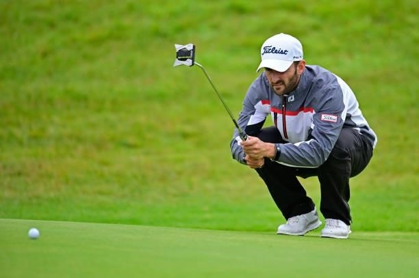 Emilio Cuartero Blanco of Spain lines for his putt on the 10th hole during Day Three of the Open de Bretagne at Golf Bluegreen de Pleneuf Val Andre...