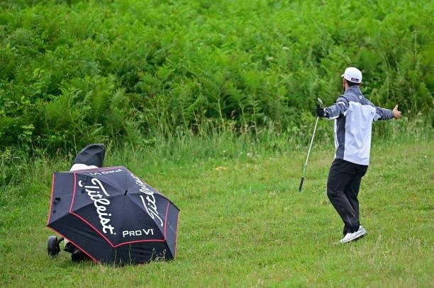 Emilio Cuartero Blanco of Spain reacts on the 10th hole during Day Three of the Open de Bretagne at Golf Bluegreen de Pleneuf Val Andre on June 26,...