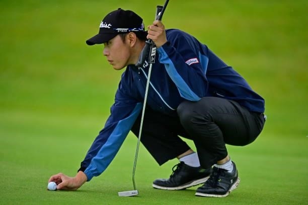 Jeong Weon Ko of France lines for his putt on the 10th hole during Day Three of the Open de Bretagne at Golf Bluegreen de Pleneuf Val Andre on June...