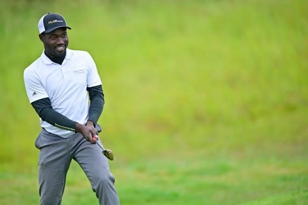 Arnaud Ahoua of France reacts on the 10th hole during Day Three of the Open de Bretagne at Golf Bluegreen de Pleneuf Val Andre on June 26, 2021 in...