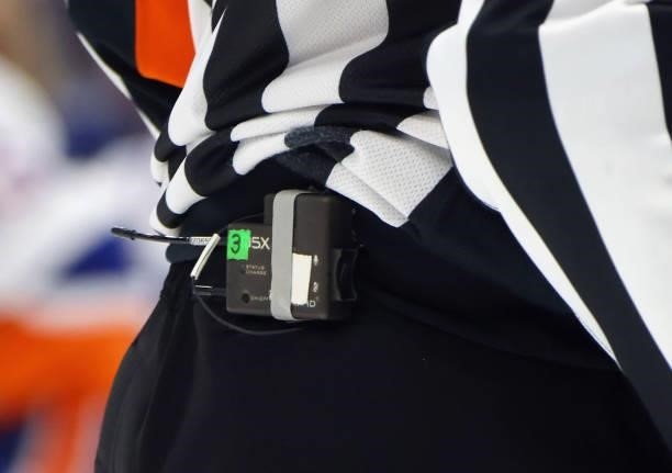 Referee is wired for sound during the game between the New York Islanders and the Tampa Bay Lightning in Game Seven of the NHL Stanley Cup Semifinals...