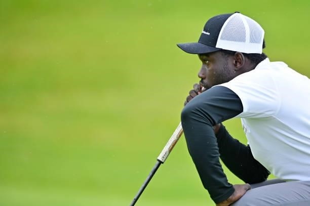 Arnaud Ahoua of France lines for his putt on the 10th hole during Day Three of the Open de Bretagne at Golf Bluegreen de Pleneuf Val Andre on June...
