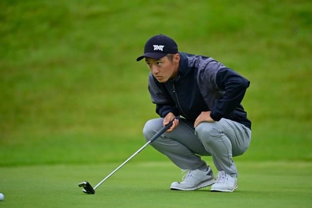 Alexandre Liu of France lines for his putt on the 10th hole during Day Three of the Open de Bretagne at Golf Bluegreen de Pleneuf Val Andre on June...