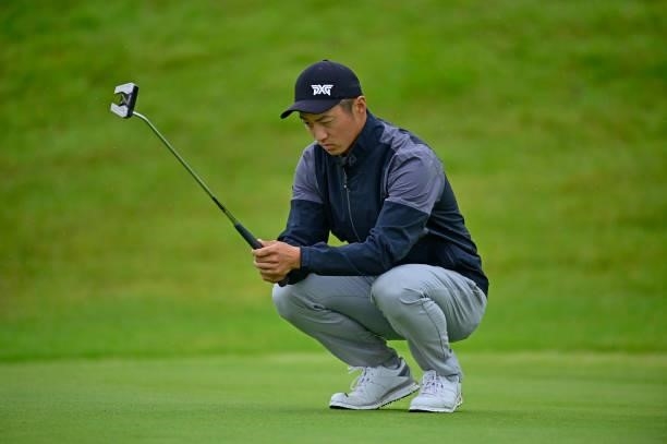 Alexandre Liu of France lines for his putt on the 10th hole during Day Three of the Open de Bretagne at Golf Bluegreen de Pleneuf Val Andre on June...