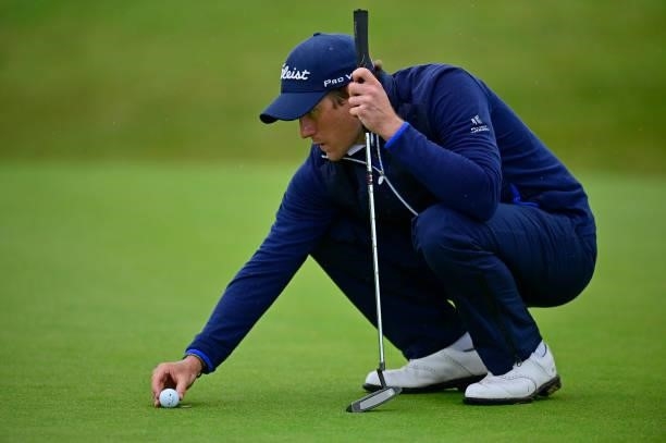 Matthieu Fenasse of France lines for his putt on the 10th hole during Day Three of the Open de Bretagne at Golf Bluegreen de Pleneuf Val Andre on...