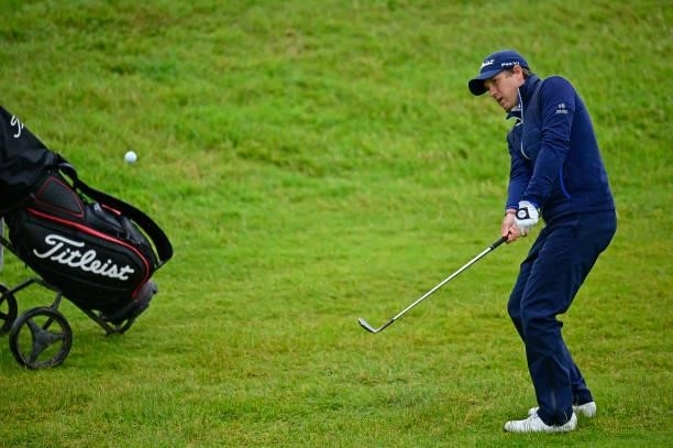 Matthieu Fenasse of France plays his second shot on the 10th hole during Day Three of the Open de Bretagne at Golf Bluegreen de Pleneuf Val Andre on...
